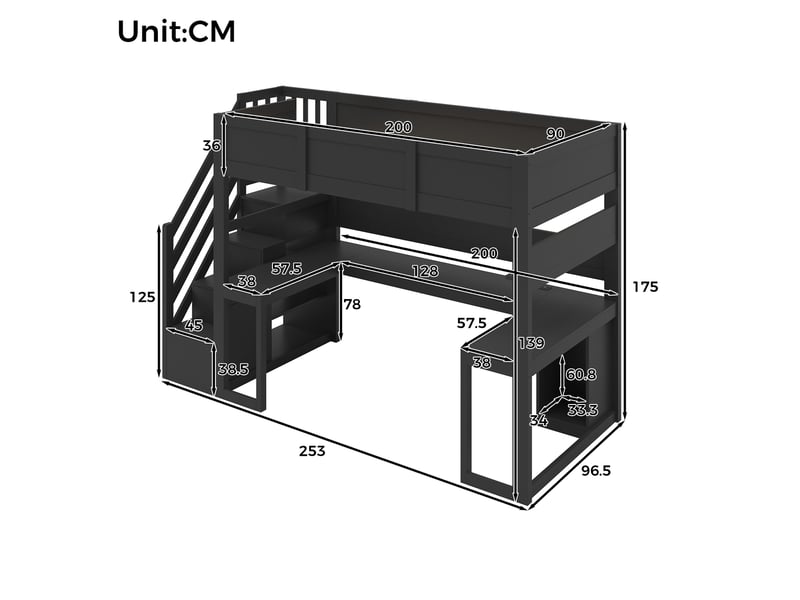  Lit mezzanine 90x200 cm avec bureau, led, usb et rangements, noir, sans matelas  - Conforama C