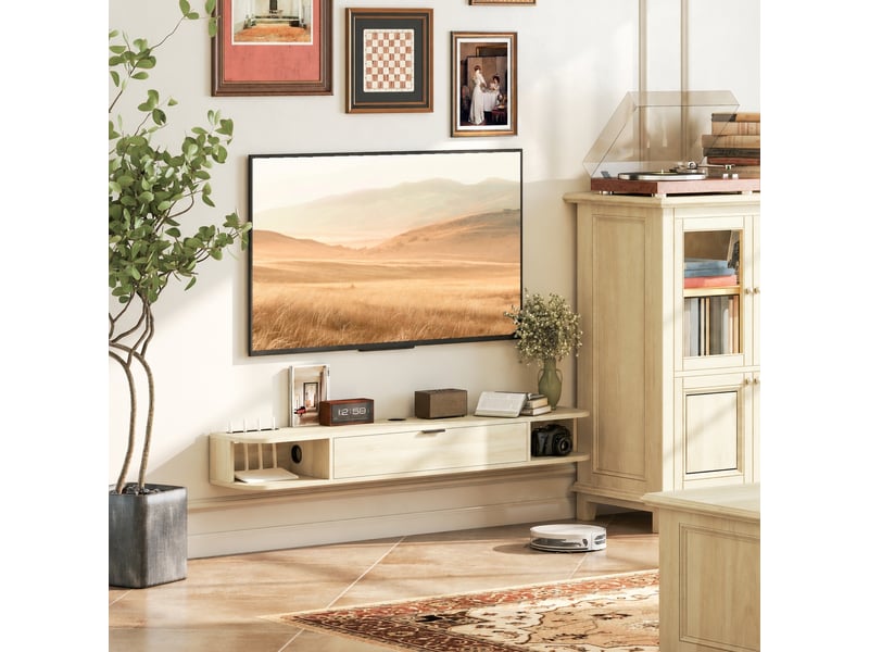  Meuble tv suspendu jusqu'à 60 pouces, abattant, 2 niches, passe-câbles, effet bois naturel, 140 x 24 x 16 cm  - Conforama B