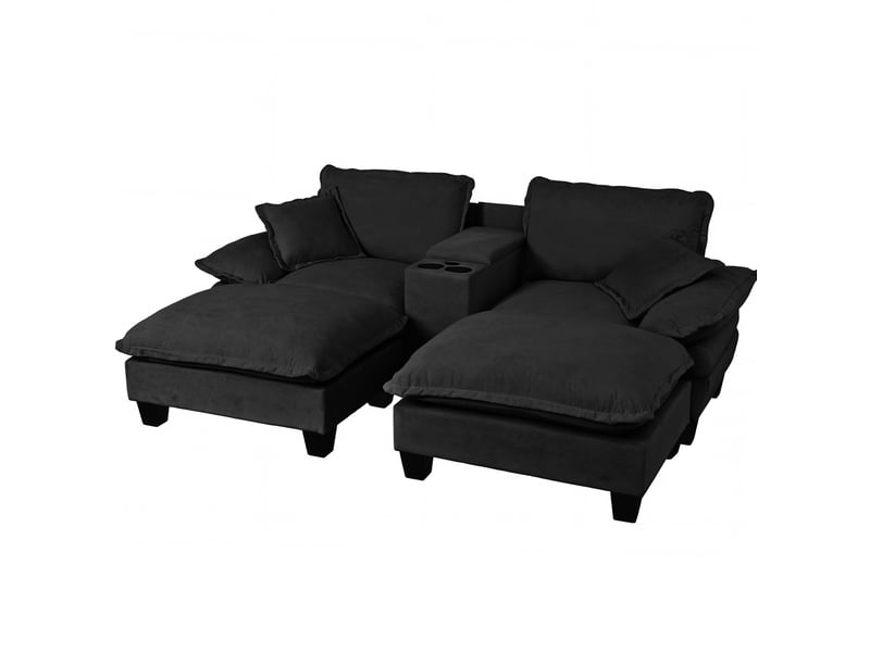 Canapé modulable modenvie 4 places avec rangements dissimulés, ports usb et porte-gobelets, 2 poufs, 2 coussins, tissu chenille noir, 224 x 155 x 90 cm - Conforama A