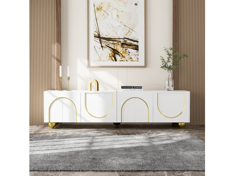  Meuble tv moderne 170x38x44 cm, le salon avec 4 portes de rangement, pieds métal doré, panneau de particules, blanc  - Conforama B