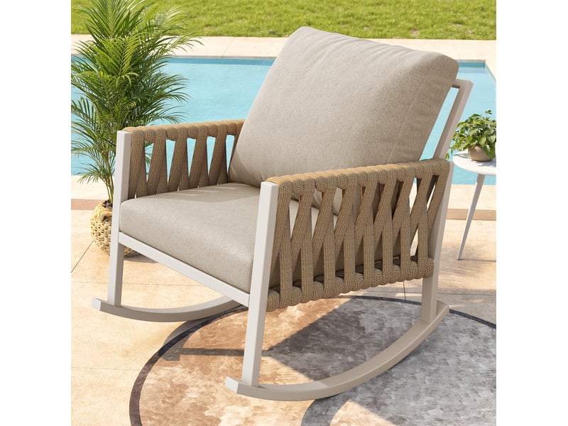 Fauteuil à bascule extérieur jardin 65x79x78 cm avec cordage croisé et coussins confort, pour terrasse, métal, beige - Conforama W