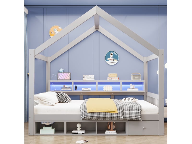  Lit cabane 140x200 cm avec rangements, led et prises, gris  - Conforama D