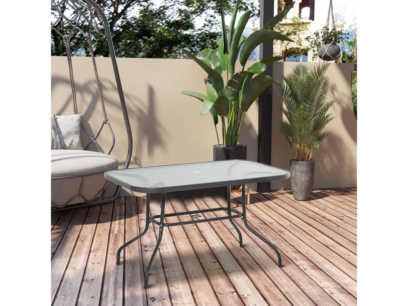  Table de jardin rectangulaire dim. 120l x 80l x 70h cm métal époxy gris plateau verre trempé  - Conforama C