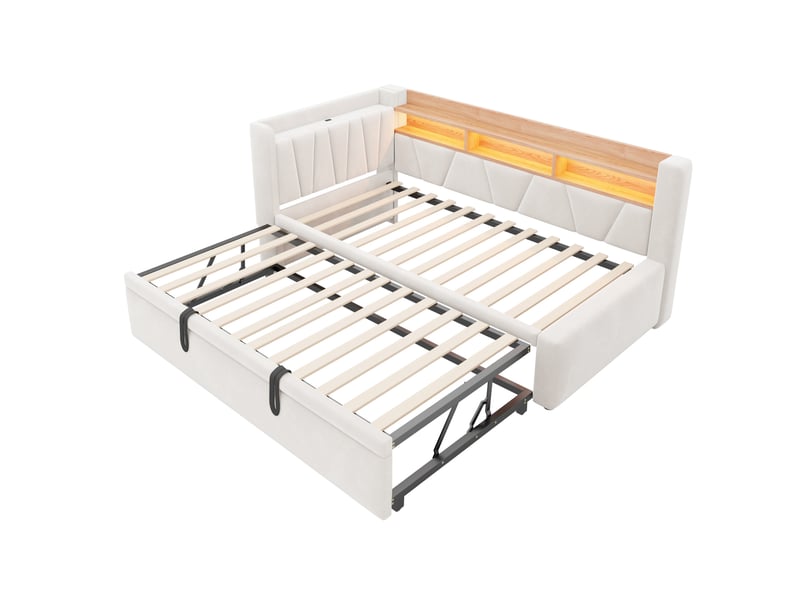  Lit banquette extensible 90 à 180 × 200 cm en velours beige, usb et led IKSETERA TRADING LTD - Conforama W