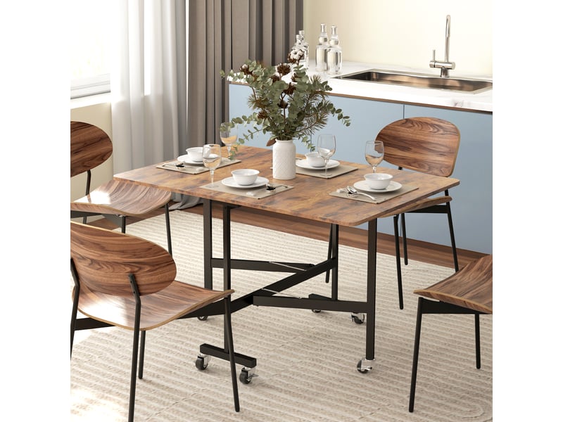  Table pliante cuisine table à manger pliable avec 2 abattants 6 roues pour 4-6 personnes 120 x 80 x 73 cm, brun rustique  - Conforama D
