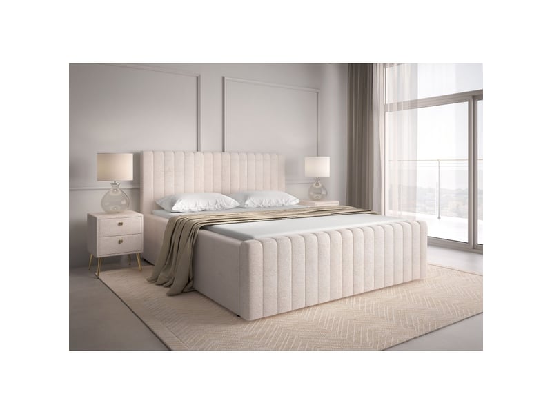 Lit coffre eloria 160x200 en tissu bouclé beige avec tête de lit capitonnée et sommier inclus - Conforama B