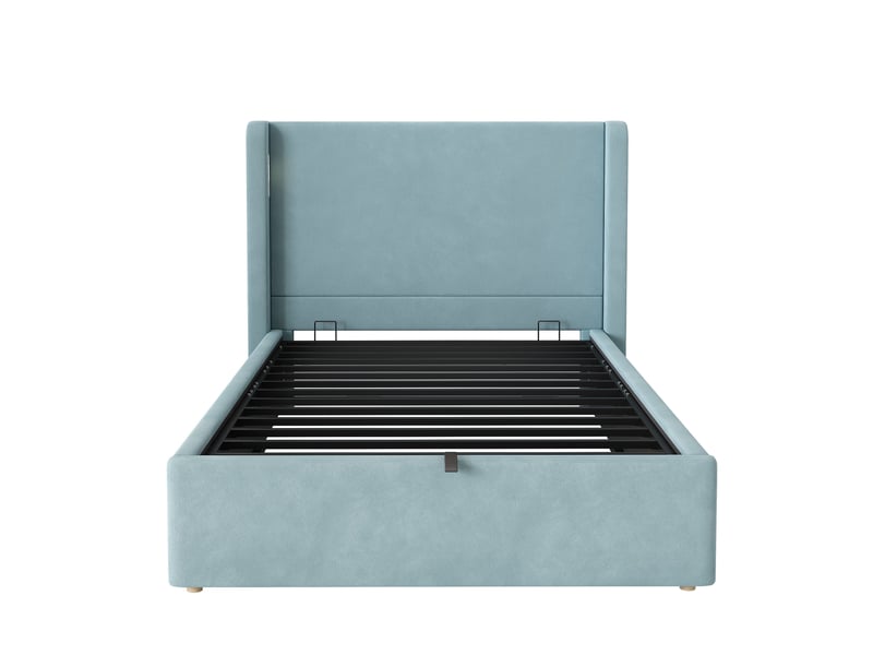  Lit coffre 90 x 200 cm avec sommier relevable, velours bleu et tête de lit rembourrée  - Conforama A