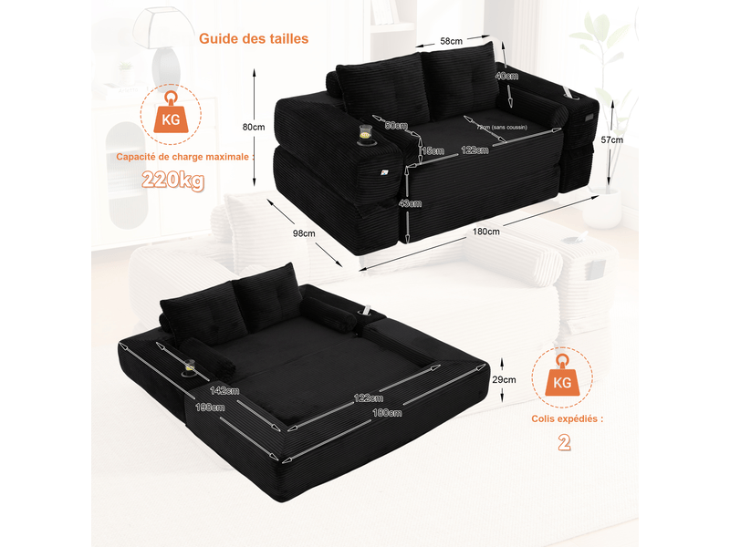 Canapé droit convertible 2 places en velours côtelé noir 180 x 98 x 80 cm, avec poches, porte-gobelet et coussins, salon 180x98x80cm - Conforama C