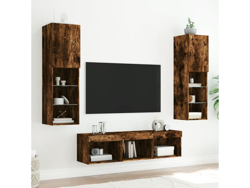  Meuble tv - unités murales tv avec led 5 pcs chêne fumé bois d'ingénierie  - Conforama C