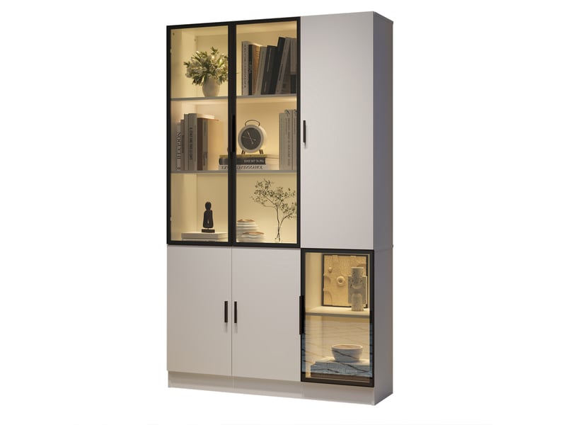  Vitrine led 120x35x200 cm – blanc – 10 espaces de rangement, portes en verre et éclairage contrôlable  - Conforama A