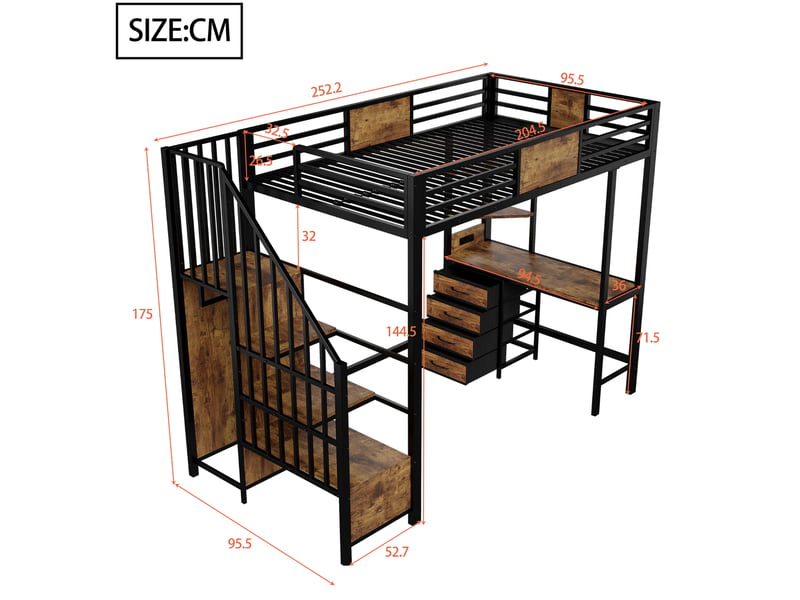  Lit mezzanine 90x200 gain de place 144 cm sous-lit bureau intégré rangements penderie prise led métal noir sans matelas  - Conforama C