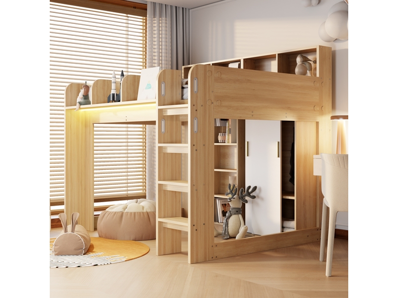  Lit mezzanine 140x200 cm, lit combiné, armoire intégrée, rangements intégrés, éclairage led, mdf et panneaux de particules bois naturel OPULERANE TRADING LTD - Conforama D