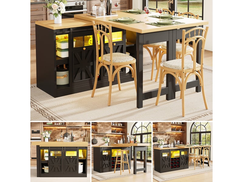  Îlot de cuisine 120cm, table de bar, avec plateau rotatif 360°, led variable, casier à bouteilles, design moderne, noir  - Conforama D