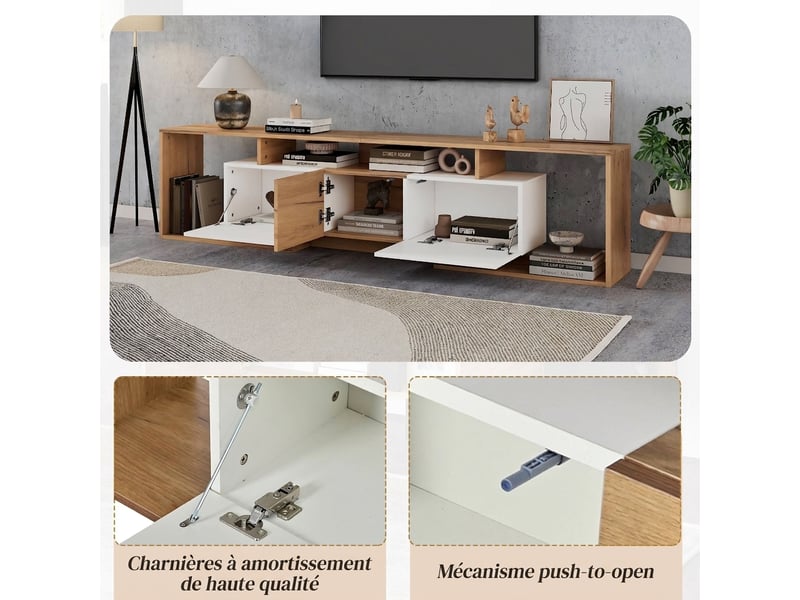 Meuble tv blanc et bois naturel 180 cm avec 3 portes et 3 niches ouvertes, pour tv jusqu'à 85 pouces  - Conforama D