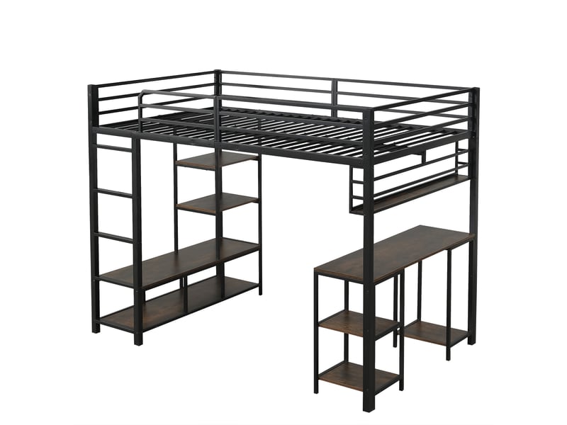  Lit mezzanine enfant 120x200 cm – noir et décor foncé – bureau intégré, étagères stables, sans matelas  - Conforama D