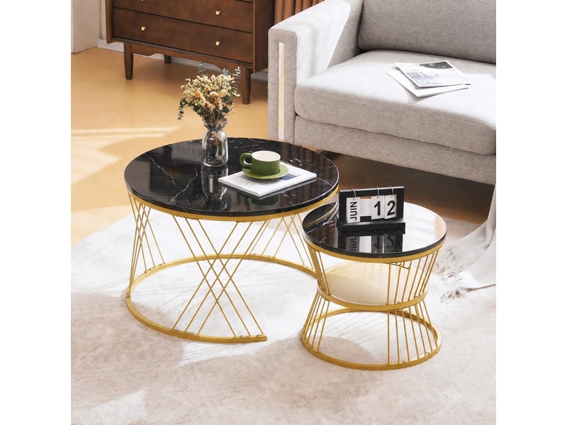 Lot de 2 tables basses rondes gigognes, effet marbre, structure métal, noir et doré - Conforama B