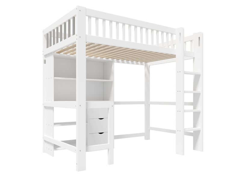  Lit mezzanine avec bureau, 3 tiroirs, rangements et échelle, blanc, 90x200 cm  - Conforama D
