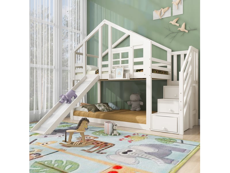  Lit superposé enfant cabane 90x200 cm avec toboggan et rangements, blanc  - Conforama C