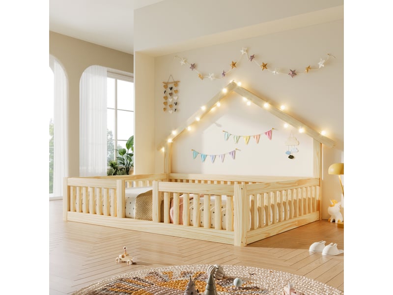  Lit enfant cabane 90 x 200 cm en bois, barrières de sécurité, guirlande led, effet bois naturel CozyNest - Conforama D