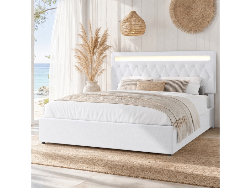  Lit coffre 180 x 200 cm blanc en lin avec led, usb et usb-c  - Conforama D