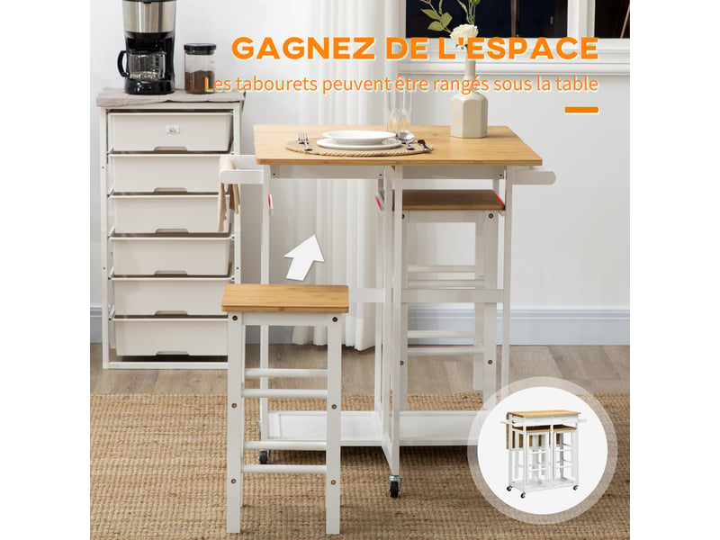  Ensemble table de bar pliable roulettes + 2 blanc tabourets et bois clair - 2 tiroirs et porte-torchons  - Conforama W