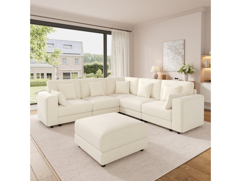  Canapé d'angle modulable 6 places 215x215x82 cm en lu avec usbusb-c, porte-gobelets, rangements intégrés, 7 coussins, chenille - beige Bliss Lite - Conforama E
