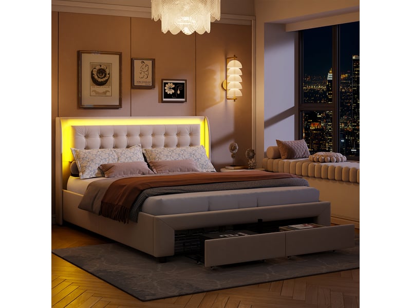 Kefsr lit coffre 180x200 cm en velours beige avec éclairage led rgb et 2 tiroirs - lit double adulte capitonné avec sommier relevable (matelas non inclus) - Conforama R