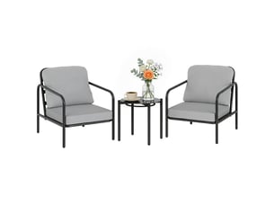 Ensemble bistro en acier 3 pièces avec 2 chaises à coussins épais et table basse avec plateau en verre trempé noir