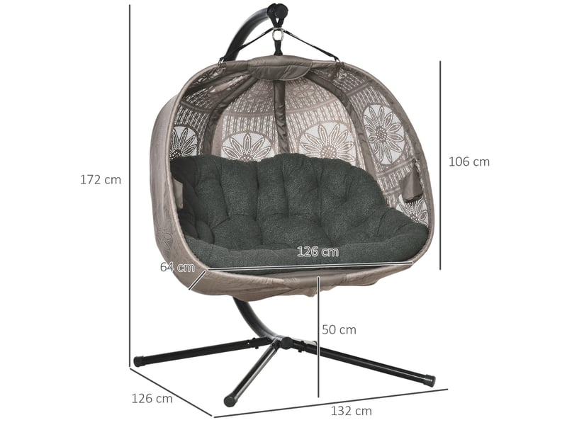  Hamac chaise 132x126x172 cm pliable avec structure, coussin, acier, sable  - Conforama C