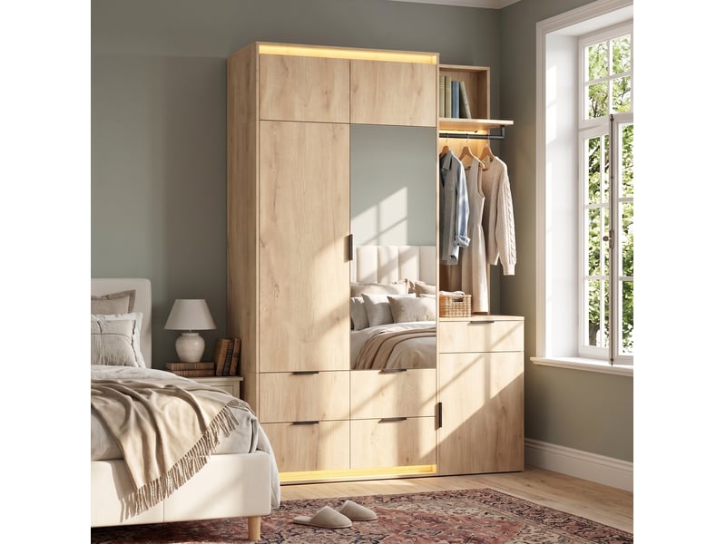  Armoire vestiaire 135x47x200 cm avec led, miroir, 2 barres de penderie et 5 tiroirs, mdf, bois, rangement de vêtements  - Conforama E