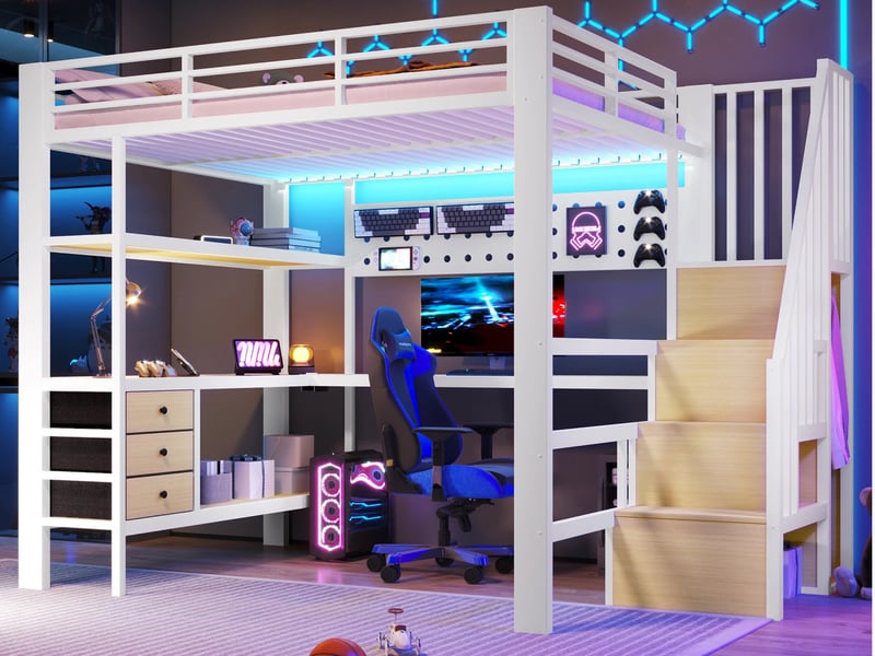  Lit mezzanine,140 x 200 cm,rangements, tiroir, paroi perforée, table, prise, lumière led, sans matelas, blanc  - Conforama B