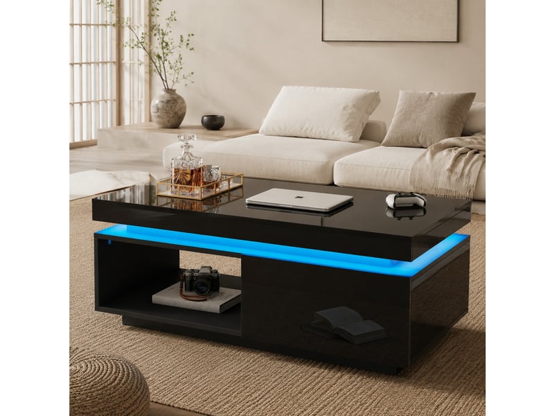  Table basse 100x50x40,3 cm avec led et tiroir panneau de particules noire  - Conforama B
