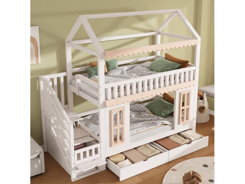 Lit superposé enfant cabane 90x200 cm, rangements et 2 tiroirs, blanc naturel - Conforama E