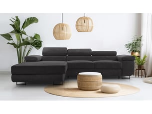 Canapé d'angle gauche convertible <strong>AX LIVING </strong> <strong>Arborio</strong> 5 places Velours côtelé gris avec coffre de rangement