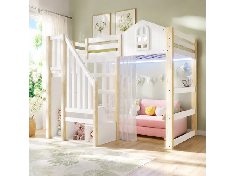 Lit mezzanine enfant 90 x 200 cm avec led, escalier de rangement, blanc naturel  - Conforama B