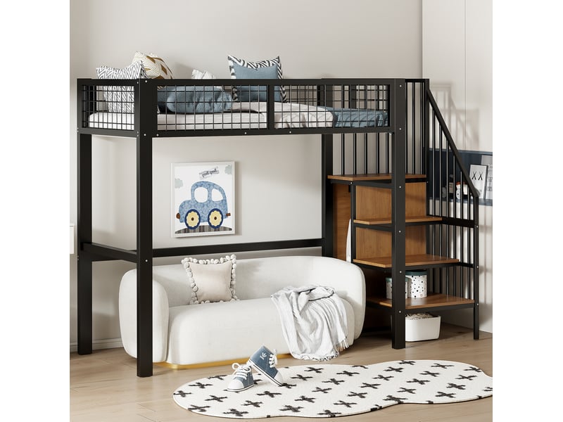  Lit mezzanine enfant 90x200 cm avec escalier et rangement en métal noir  - Conforama D