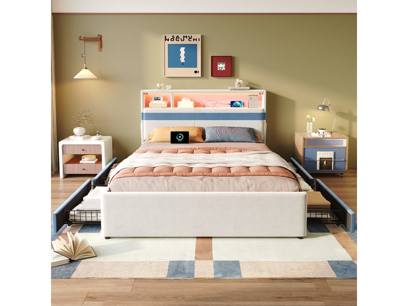  Lit rembourré pour enfants 140x200cm - avec 4 tiroirs - avec éclairage led et un port de charge usb - tissu velours - blanc + bleu (sans matelas)  - Conforama D