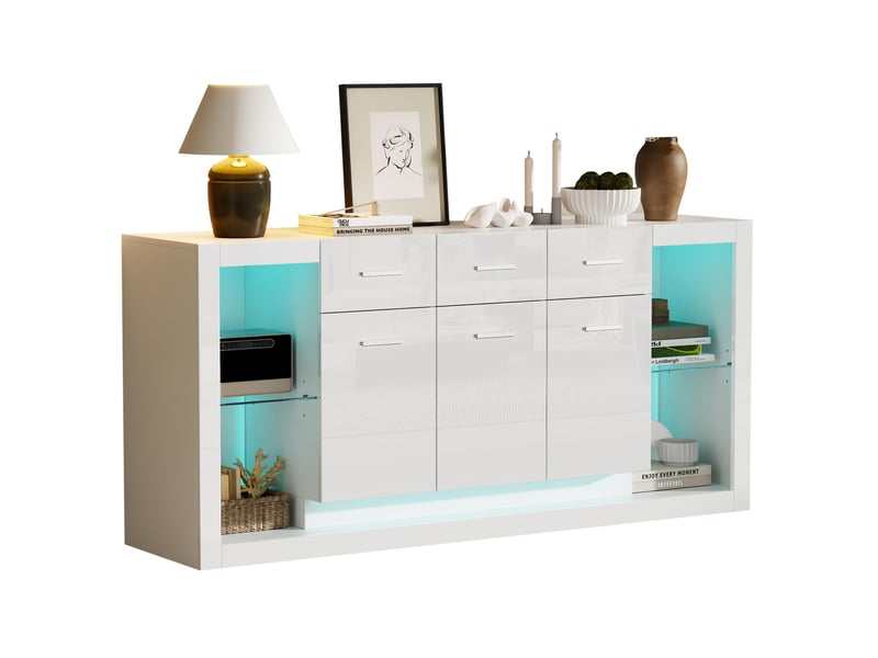 Buffet 160x40x75 cm avec led, 3 tiroirs et 3 portes en panneaux de particules blanc - Conforama A