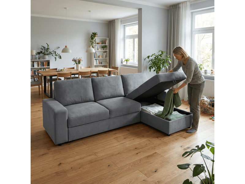  Canapé d'angle avec rangement 4 places gris - méridienne réversible, 245,5 cm, assise moelleuse  - Conforama E