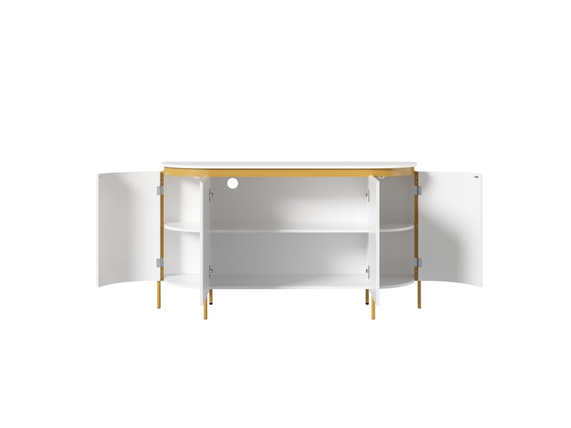 Buffet bas blanc en mdf 140 x 38 x 80 cm, 4 portes sans poignée, extrémités arrondies, pieds en fer, passe-câbles, salon séjour  - Conforama D