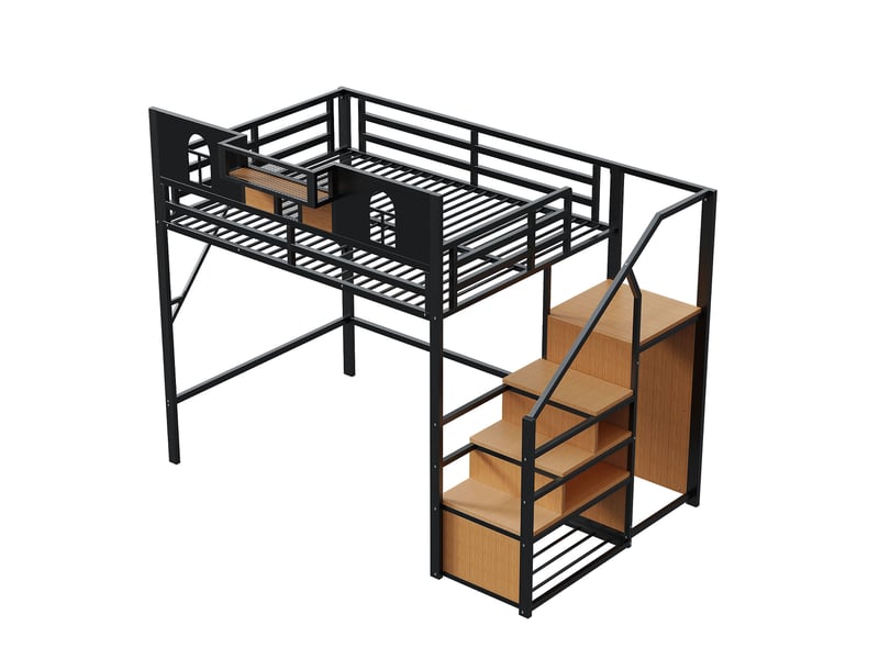  Lit mezzanine 140 x 200 cm, avec échelle et bande lumineuse, compartiments de rangement, structure métallique, noir  - Conforama E