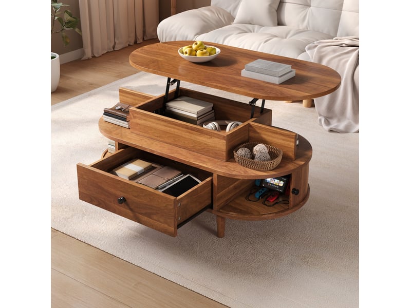  Table basse relevable 105x50x60,5 cm ovale avec rangements coloris noyer  - Conforama B