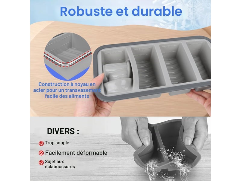  Moule à soupe en silicone avec couvercle, boîte à lunch compartimentée, 4 compartiments, 1000 ml, ensemble de 2 pièces, gris ZYS01848LHY - Conforama C