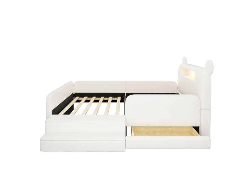  Lit enfant 90x200 cm en similicuir blanc, tête de lit ours, veilleuse, usb et rangement  - Conforama E