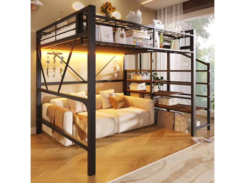  Lit mezzanine 140 x 200 cm en métal, étagère escalier, grille, panier, led, sans matelas, noir  - Conforama C