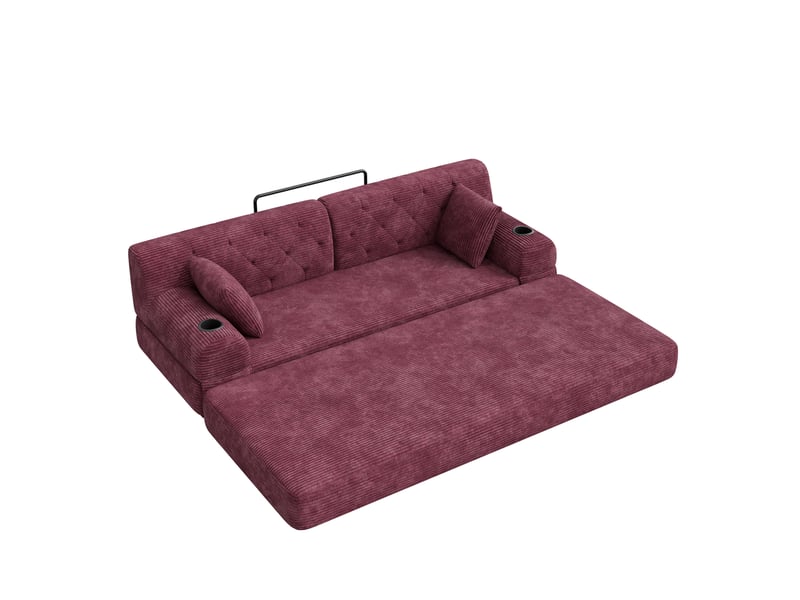 Canapé convertible compressé 3 places en velours côtelé rouge bordeaux avec porte-gobelets - Conforama A