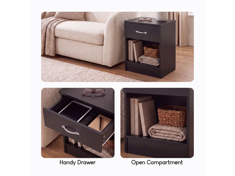  Table de chevet riano, commode de nuit, chambre, 47x40x36cm, set de 2, 1 tiroir, noir 3332392 - Conforama W