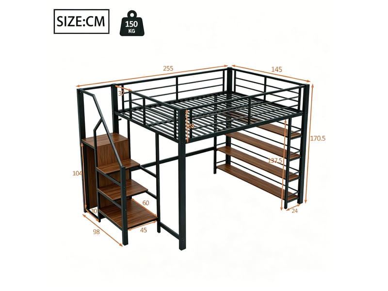  Lit mezzanine 2 places 140 × 200 cm avec escalier à tiroirs, penderie et étagères, sans matelas, en métal noir  - Conforama E