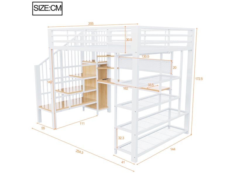  Lit mezzanine 140x200 cm, lit enfant, bureau, panneau perforé, étagères, barrière antichute, led, bois et métal blanc  - Conforama W
