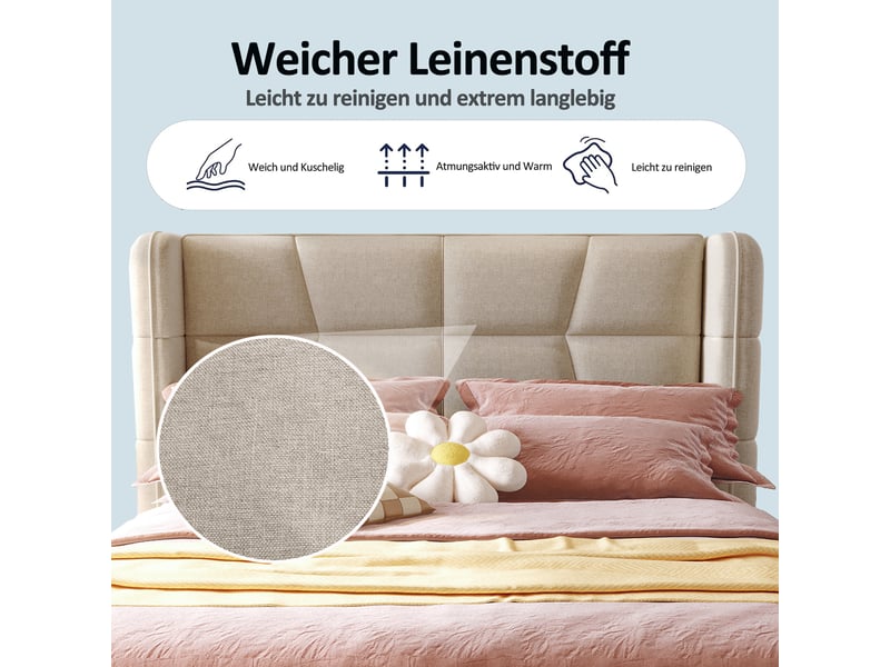 Lit rembourré, lit enfant 90x200 cm, rangement hydraulique, lin beige, sommier à lattes  - Conforama E